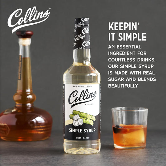 Collins Simple Syrup, Classic Simple Syrup, Real Sugar Cocktail Syrups, Soda Water Flavors, Cocktail Mixers, 32 Ounces, Set of 1