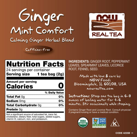 Now Foods, Give A Tea Ginger Mint Comfort Tea, Caffeine-Free, Calming, Tummy-Pleasing, 24-Count