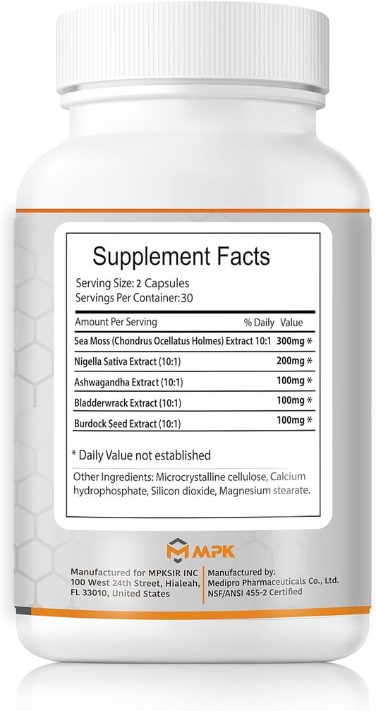 Mpk 3000 Mg Sea Moss Advanced Irish Sea Moss,Ashwagandha,Bladderwrack, Sea Moss Black Seed Oil Ashwagandha Gingerburdock Root Sea Moss Black Seed Oil Ashwagandha Ginger(60 Capsules, Coastal Flavor)