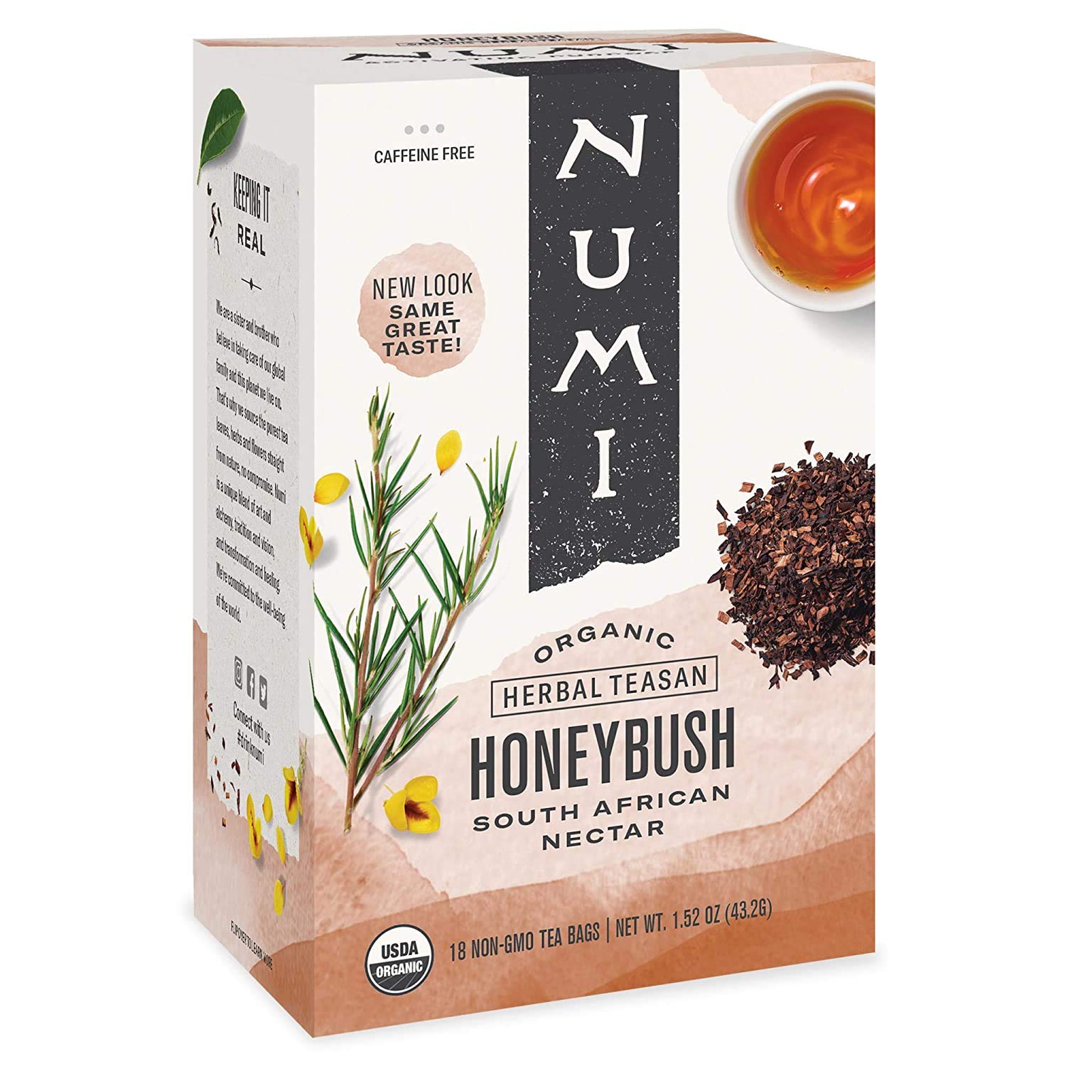 Numi Organic Honeybush Tea, 18 Tea Bags, Sweet South African Herbal Tea, Caffeine Free (Packaging May Vary)