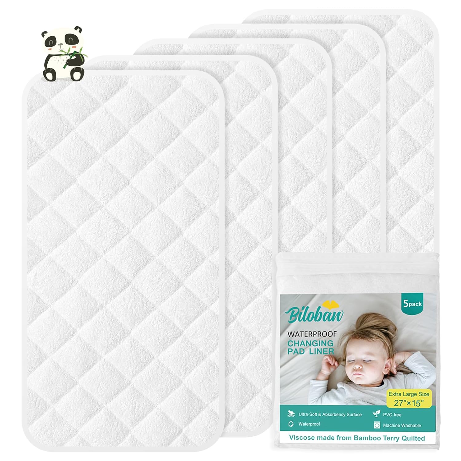 Changing Pad Liner - 5 Pack (Improved Thickness) 14" X 26" Superior Viscose Made From Bamboo Terry Surface, Waterproof & Absorbent Diaper Changing Pad Liners