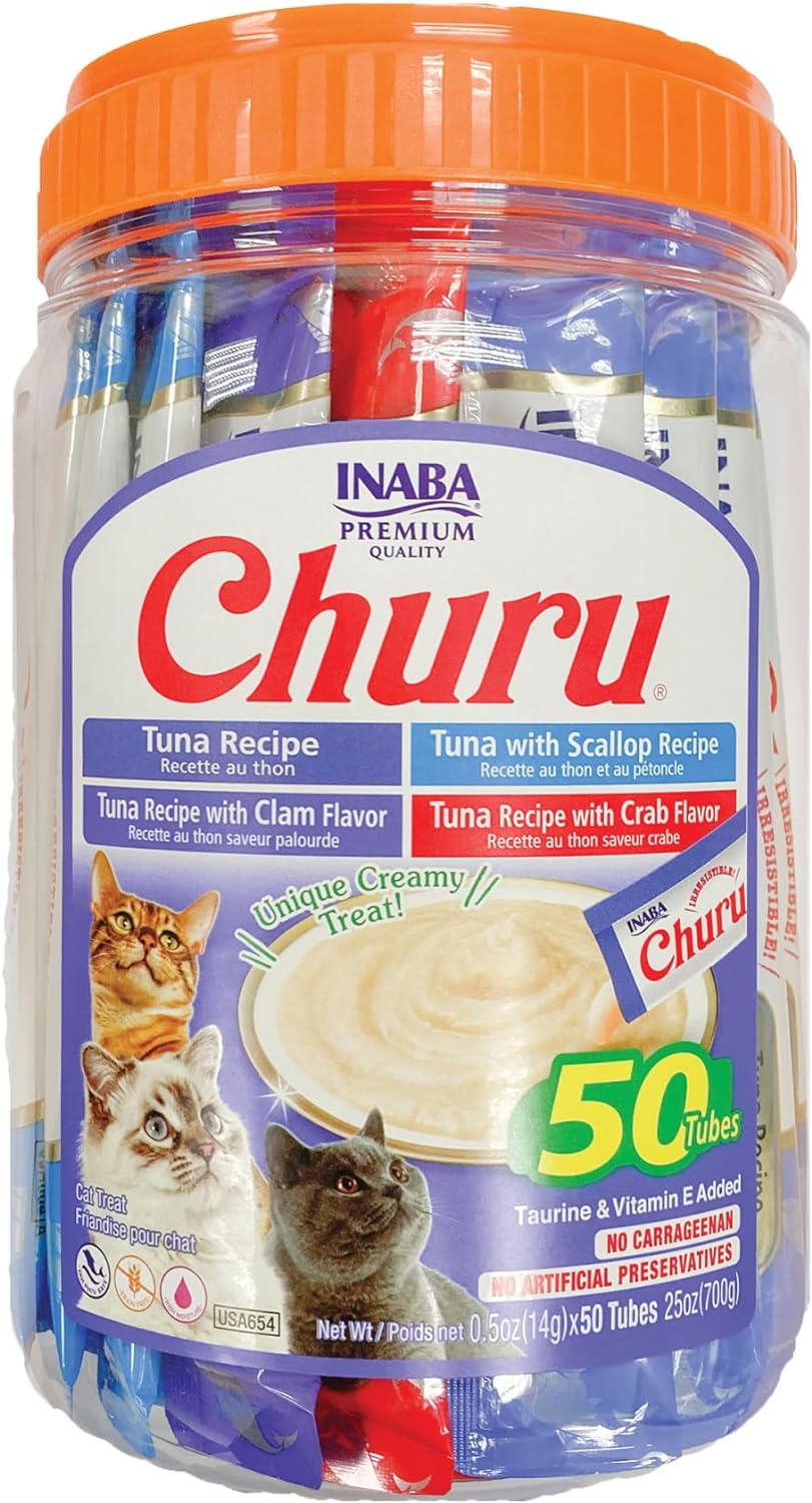 INABA Churu Cat Treats, Lickable, Squeezable Creamy Purée Cat Treat with Green Tea Extract & Taurine, 0.5 Ounces Each Tube, 50 Tubes, Tuna & Seafood Variety