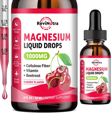 Magnesium Glycinate Liquid Drops, 1000Mg Magnesium Glycinate, Citrate & Taurate With Fiber, Beetroot, Vitamin B & C For Sleep, Calm, Muscle, Energy & Relaxation, 2 Fl Oz, Sugar-Free Cherry Flavor
