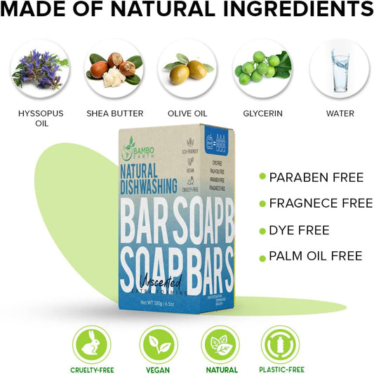 Natural Non-Toxic Dish Washing Block Soap - Dyes And Fragrance Free - Vegan Cruelty-Free Eco-Friendly And Zero Waste Dishwashing Handmade Solid Bar Soaps Detergent & Biodegradable (Unscented 1)