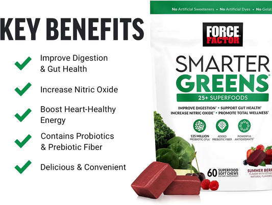 FORCE FACTOR Smarter Greens Superfood Chews, Greens and Superfoods with Probiotics, Antioxidants, and Fiber, Greens Supplement to Support Digestion, Nitric Oxide, and Energy, 60 Soft Chews