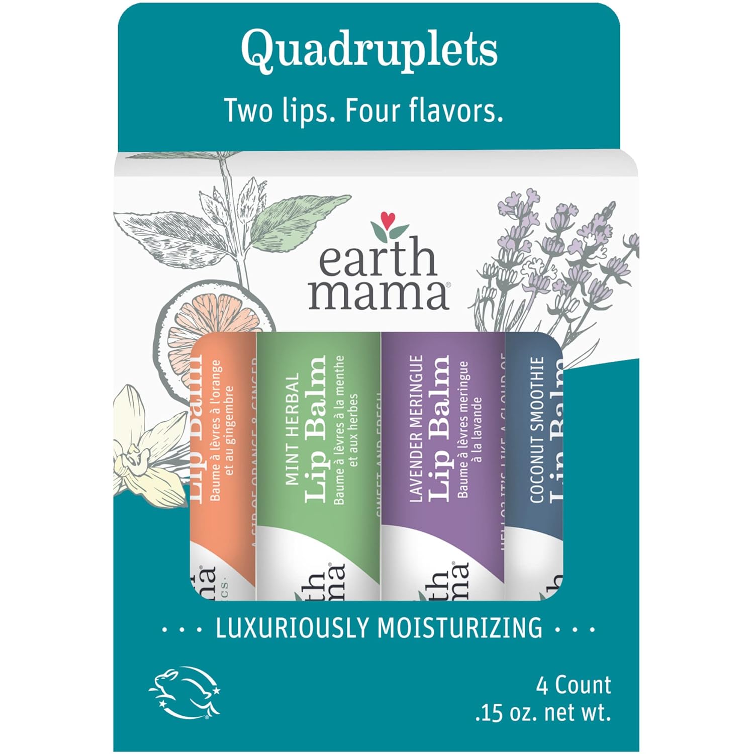 Earth Mama Lip Balm Quadruplets 4-Pack | No Petroleum, Artificial Colors Or Flavors