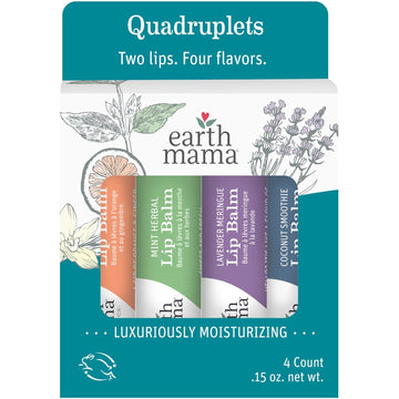 Earth Mama Lip Balm Quadruplets 4-Pack | No Petroleum, Artificial Colors Or Flavors