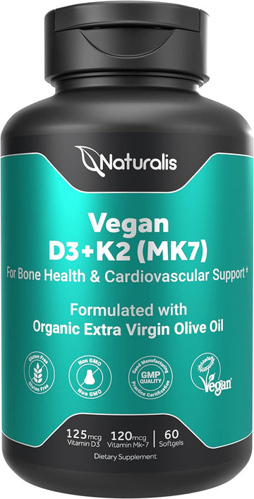 Naturalis Vegan Vitamin D3 + K2 from Algae | 5000iu Vitamin D with 120mcg MK7 Vitamin K | Vegan Society Certified, Sustainably Sourced, Better Than Animal Derived | 60 Veggie Softgels