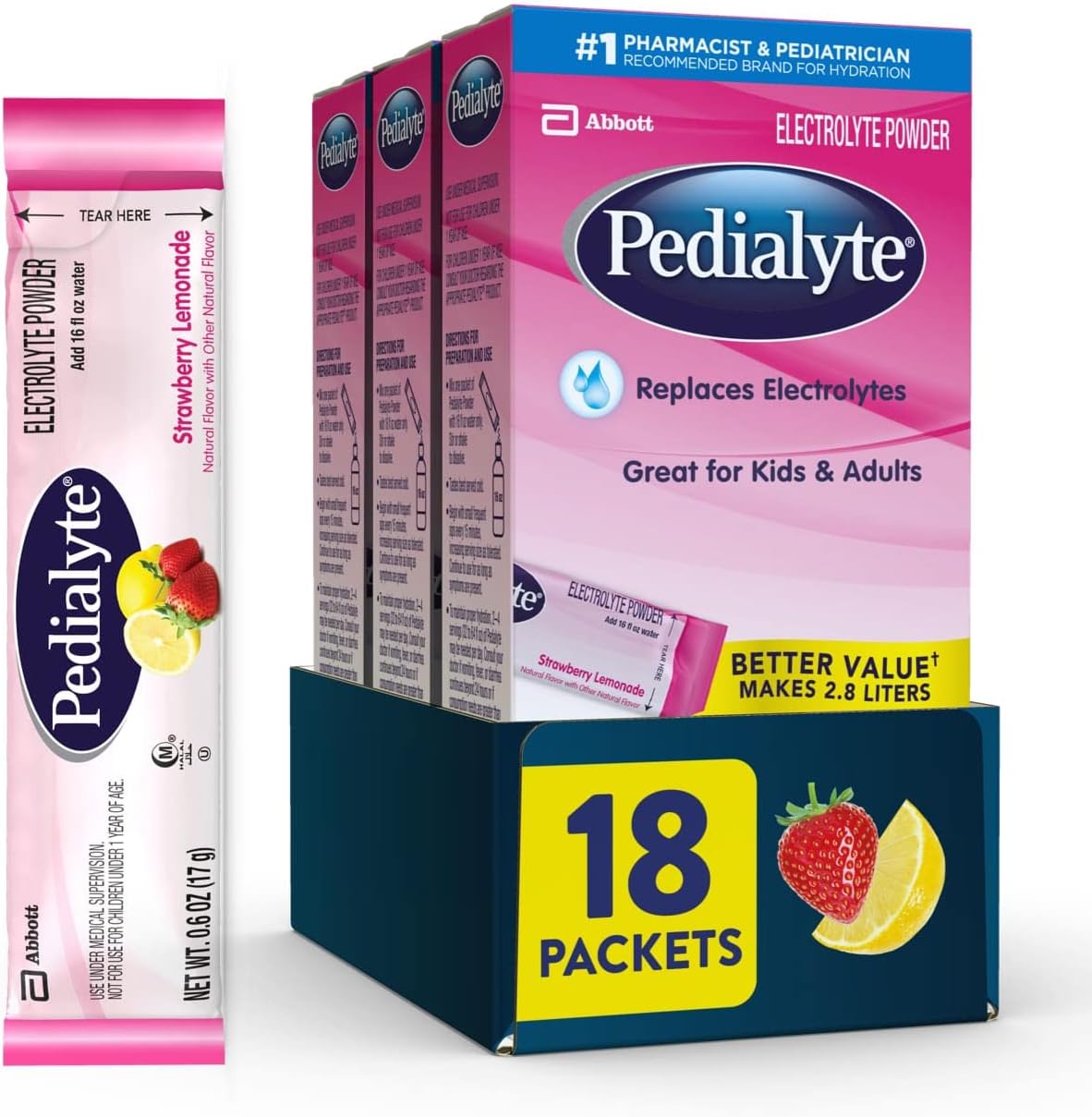 Pedialyte Electrolyte Powder Packets, Strawberry Lemonade, Hydration D