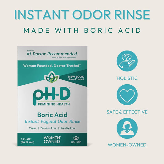 pH-D Feminine Health - Instant Odor Rinse with Boric Acid for Vaginal Odor - Vegan, Paraben-Free, Cruelty-Free (3 Fl Oz (Pack of 1)