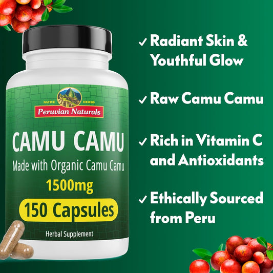 Peruvian Naturals Organic Vitamin C Supplement From Camu Camu Capsules 1,500Mg - 150 Vegan Pills, Natural Whole Food Vitamin C From Raw Berry Organic, Non-Gmo