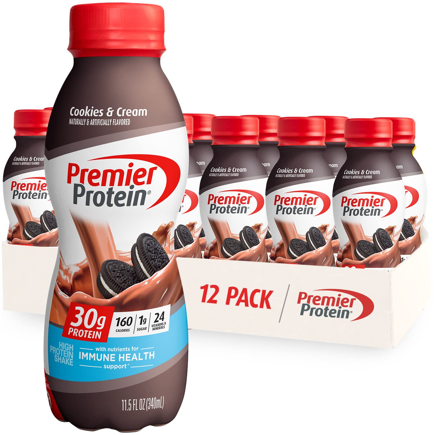 Premier Protein Shake, Cookies & Cream, 30G Protein, 1G Sugar, 24 Vitamins & Minerals, Nutrients To Support Immune Health 11.5 Fl Oz (12 Pack)