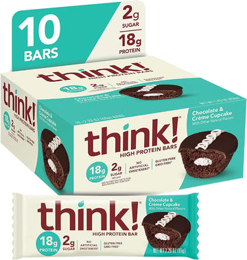 Think! Protein Bars, High Protein Snacks, Gluten Free, Low Sugar Energy Bar With Whey Protein Isolate, Chocolate & Crème Cupcake, Nutrition Bars Without Artificial Sweeteners, 2.1 Oz (10 Count)