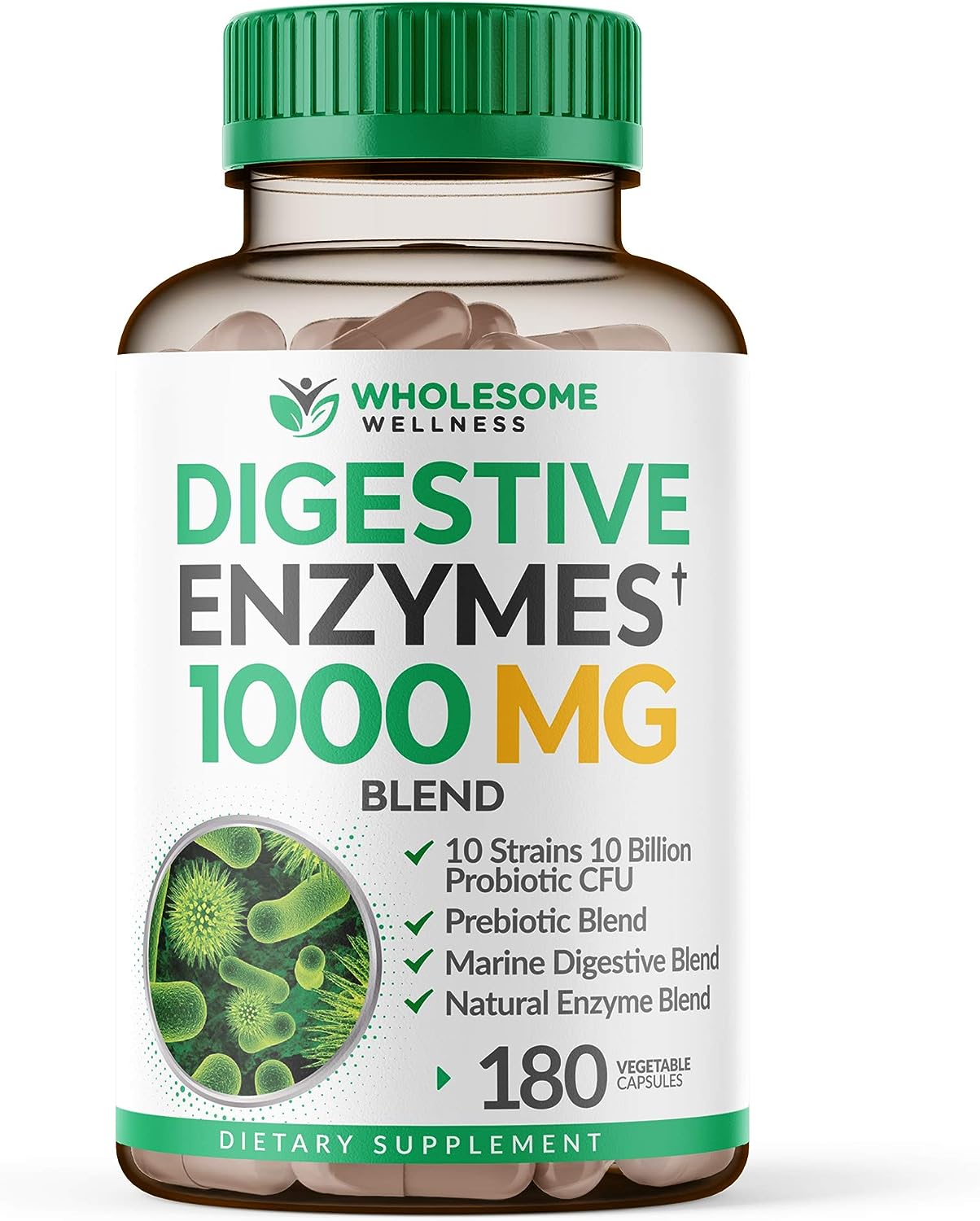 Wholesome Wellness Digestive Enzymes 1000MG Plus Prebiotics & Probiotics Supplement, 180 Capsules, Organic Plant-Based Vegan Formula for Digestion & Lactose with Amylase & Bromelain,3-6 Months Supply