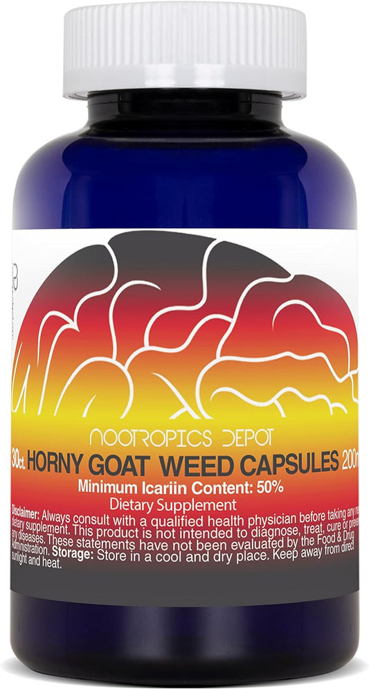 Nootropics Depot Horny Goat Weed Capsules | 200mg | 30 Count | Minimum 50% Icariin | Epimedium brevicornum