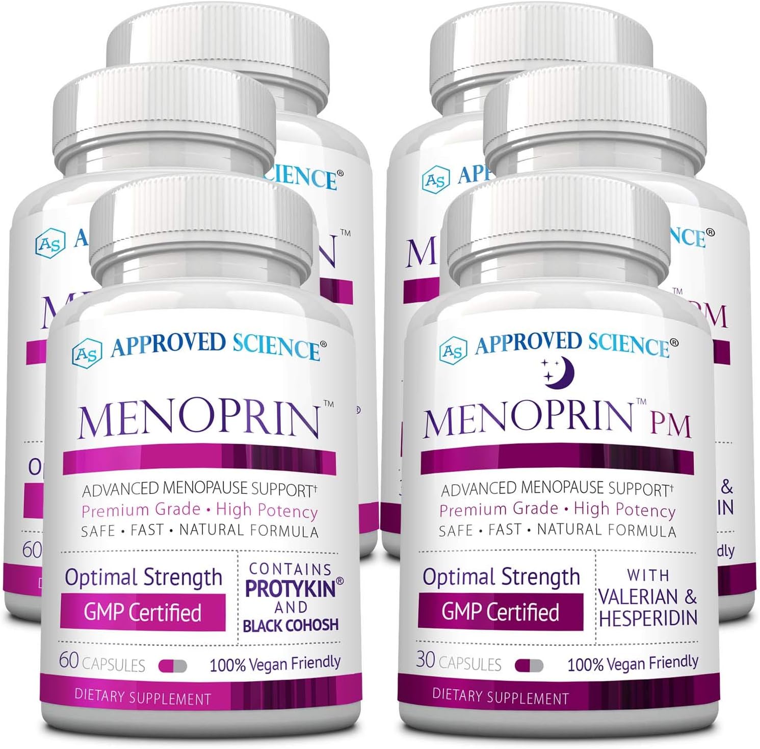 Approved Science Menoprin - Menopause Support - Protykin, Black Cohosh - 3 Bottles Menoprin Day + 3 Bottles Menoprin PM - Vegan