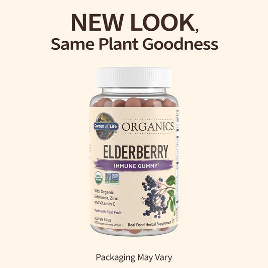 Garden Of Life Organics Elderberry Gummies For Adults & Kids - Immune Support Supplement With Organic Fruit, Herbal Blend, Elderberry, Echinacea, Zinc, Vitamin C, 120 Vegan Gluten Free Gummies