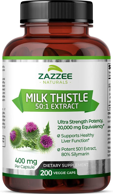 Zazzee Organic Milk Thistle 50:1 Extract, 20,000 Mg Strength, 200 Vegan Capsules, 80% Silymarin Flavonoids, Over 6 Month Supply, Standardized And Concentrated 50X Extract, All-Natural And Non-Gmo