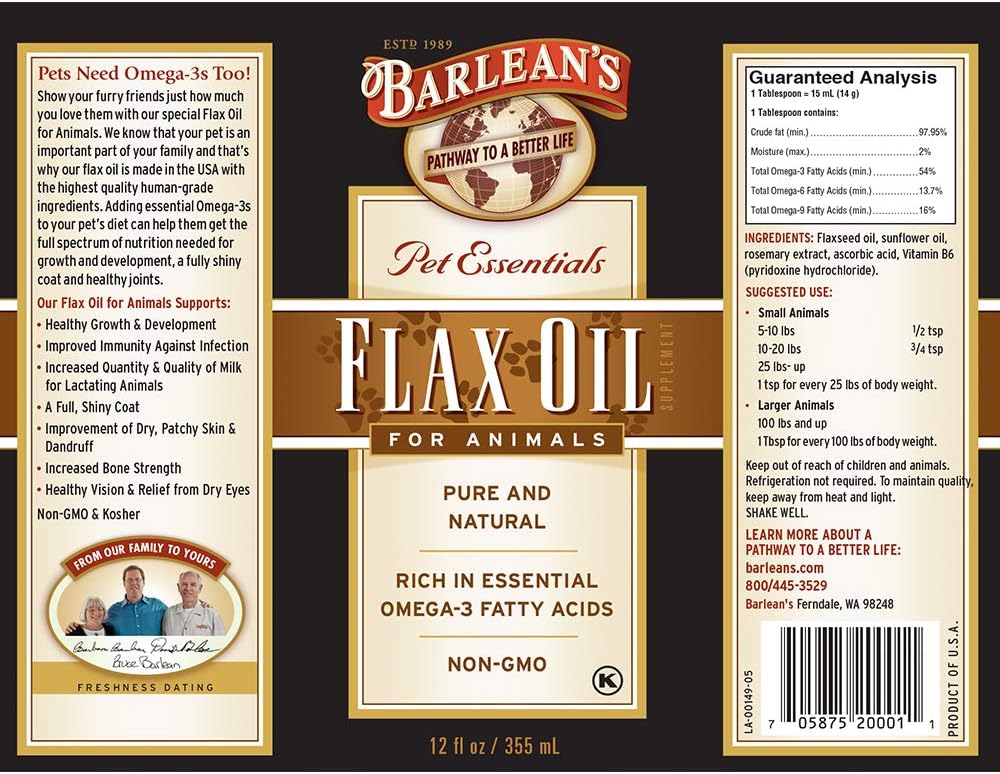 Barlean's Fresh ax Oil for Animals with Rich Essential Omega-3 Fatty Acids for Pet Well-Being and Health - Non GMO - 12-