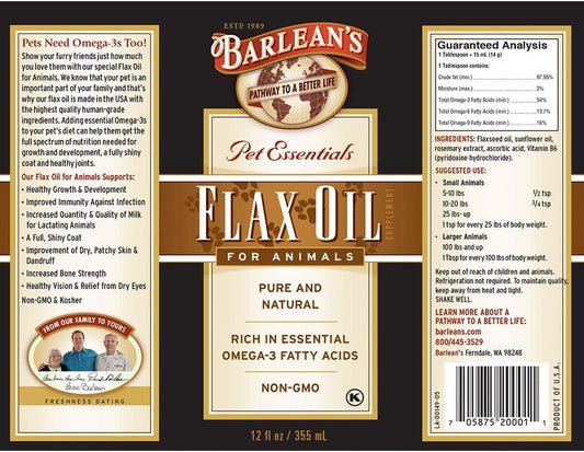 Barlean's Fresh ax Oil for Animals with Rich Essential Omega-3 Fatty Acids for Pet Well-Being and Health - Non GMO - 12-