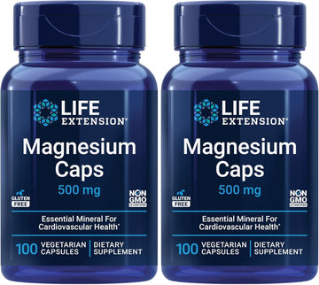 Life Extension Magnesium Caps, 500 Mg, Magnesium Oxide, Magnesium Citrate, Magnesium Succinate, Heart Health, Healthy Bones, Metabolism Support - Pack Of Two - 2 X 100 Vegetarian Capsules