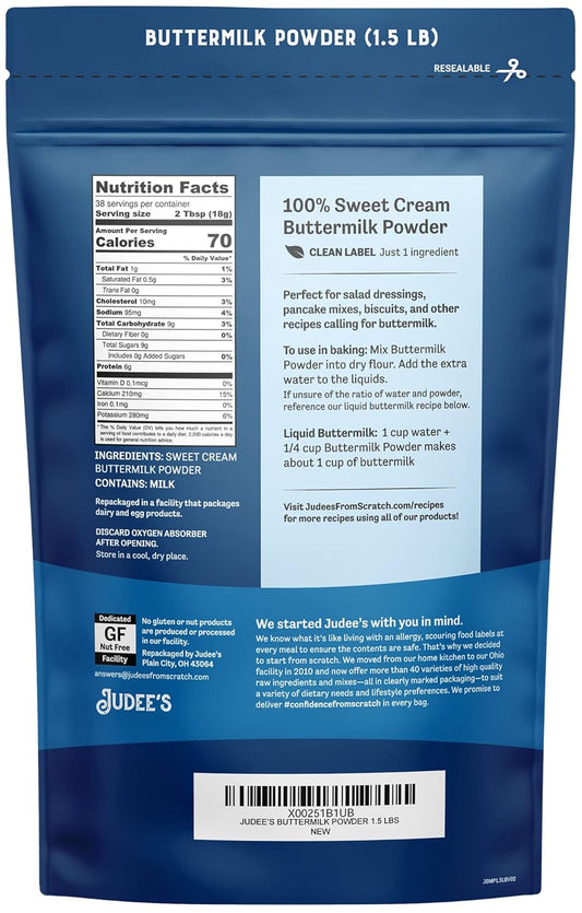 Judee’s Buttermilk Powder 1.5 lb (24oz) - 100% Non-GMO, Gluten-Free and Nut-Free - Perfect for Pancakes, Fried Chicken and Cornbread - Made in USA - Use in Baking or Cooking - Make Liquid Buttermilk