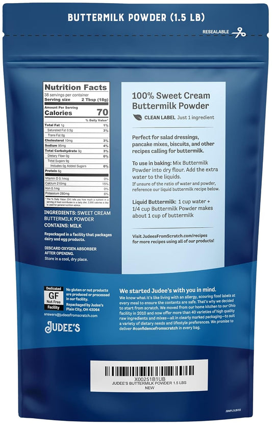 Judee’S Buttermilk Powder 1.5 Lb (24Oz) - 100% Non-Gmo, Gluten-Free And Nut-Free - Perfect For Pancakes, Fried Chicken And Cornbread - Made In Usa - Use In Baking Or Cooking - Make Liquid Buttermilk