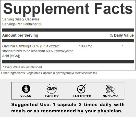 Pure Garcinia Cambogia Extract Supplement 500mg - 100% Natural HCA Extract Concentrated to 60% - Supports Healthy Digestion and Metabolism - 120 Capsules