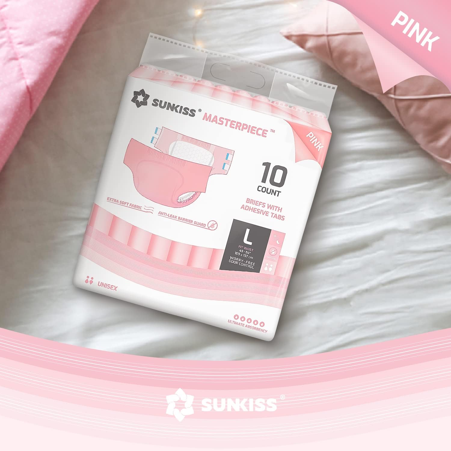 SUNKISS Masterpiece Adult Diapers with Ultimate Absorbency, Unisex Disposable Incontinence Briefs with Tabs for Women and Men, Odor Control, Overnight Protection, Pink, Large, 10 Count : Amazon.co.uk: Health & Personal Care