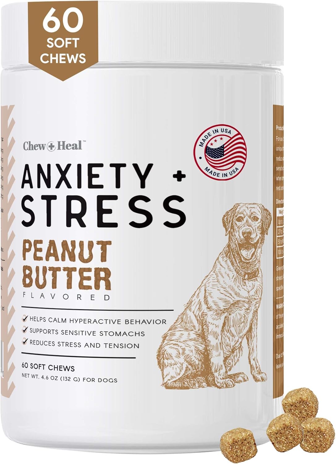 Calming Chews For Dogs - 60 Anxiety Relief Treats For Fireworks, Thunder, And Storms - Peanut Butter Flavor - Natural Dog Calming Treats With Thiamine, L-Tryptophan, Ginger, And Melatonin