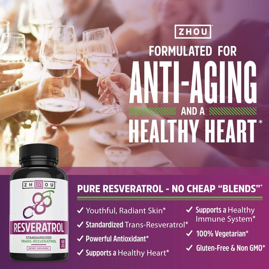 Zhou Resveratrol Supplement | Healthy Aging, Immune System & Heart Health Support | Powerful Antioxidant Benefits | 30 Servings, 60 Veg Caps