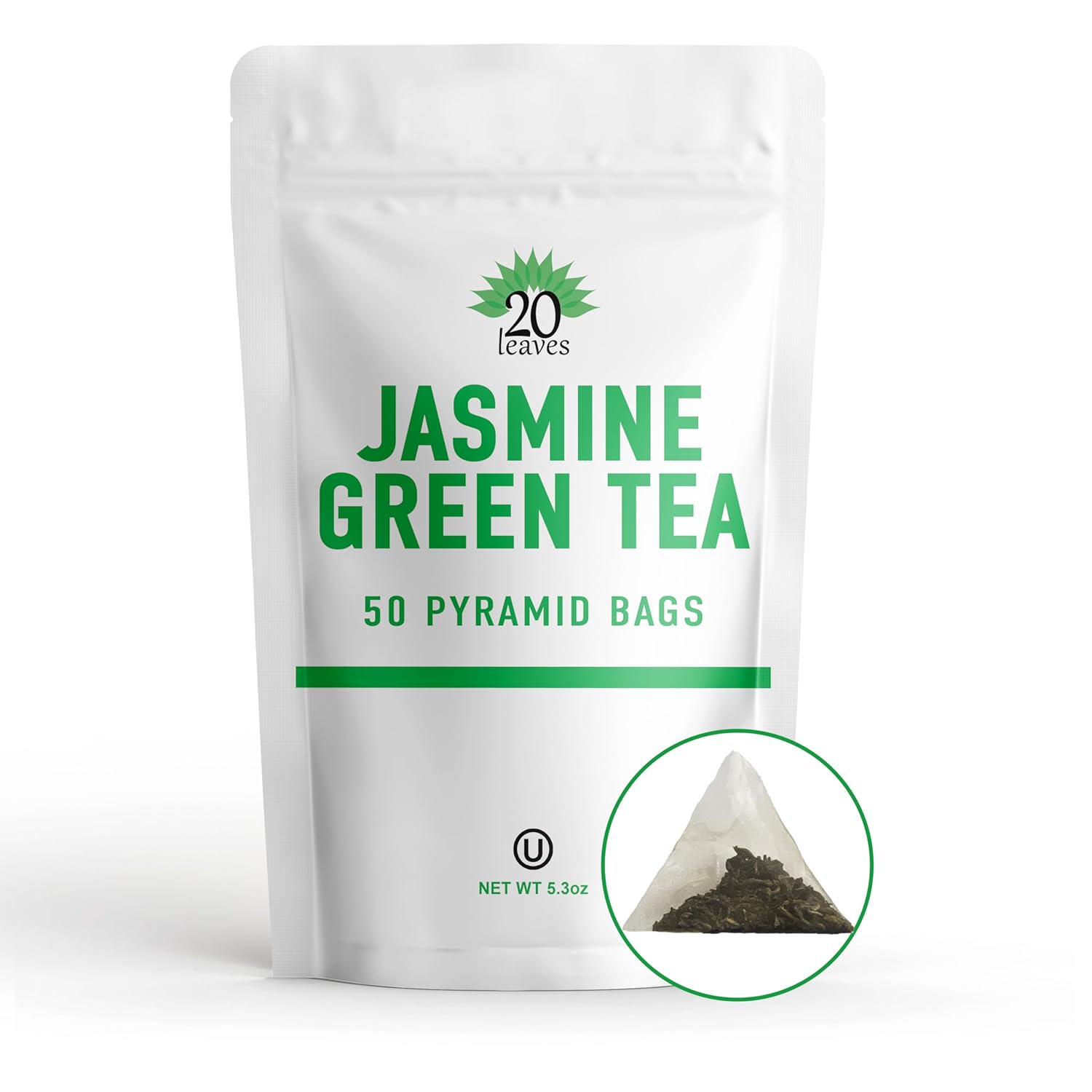 Jasmine Green Tea - Hot Tea - 50 Pyramid Tea Bags Sachets In A Resealable Bag