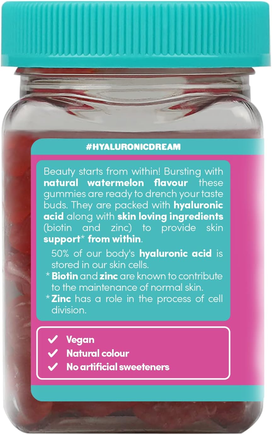 Hyaluronic Acid Vegan Gummies Supplements Vitamins Biotin Zinc Skin Hair Nails Support Beauty Women Men Health (60 chewable Gummy), Watermelon Flavour : Amazon.co.uk: Health & Personal Care