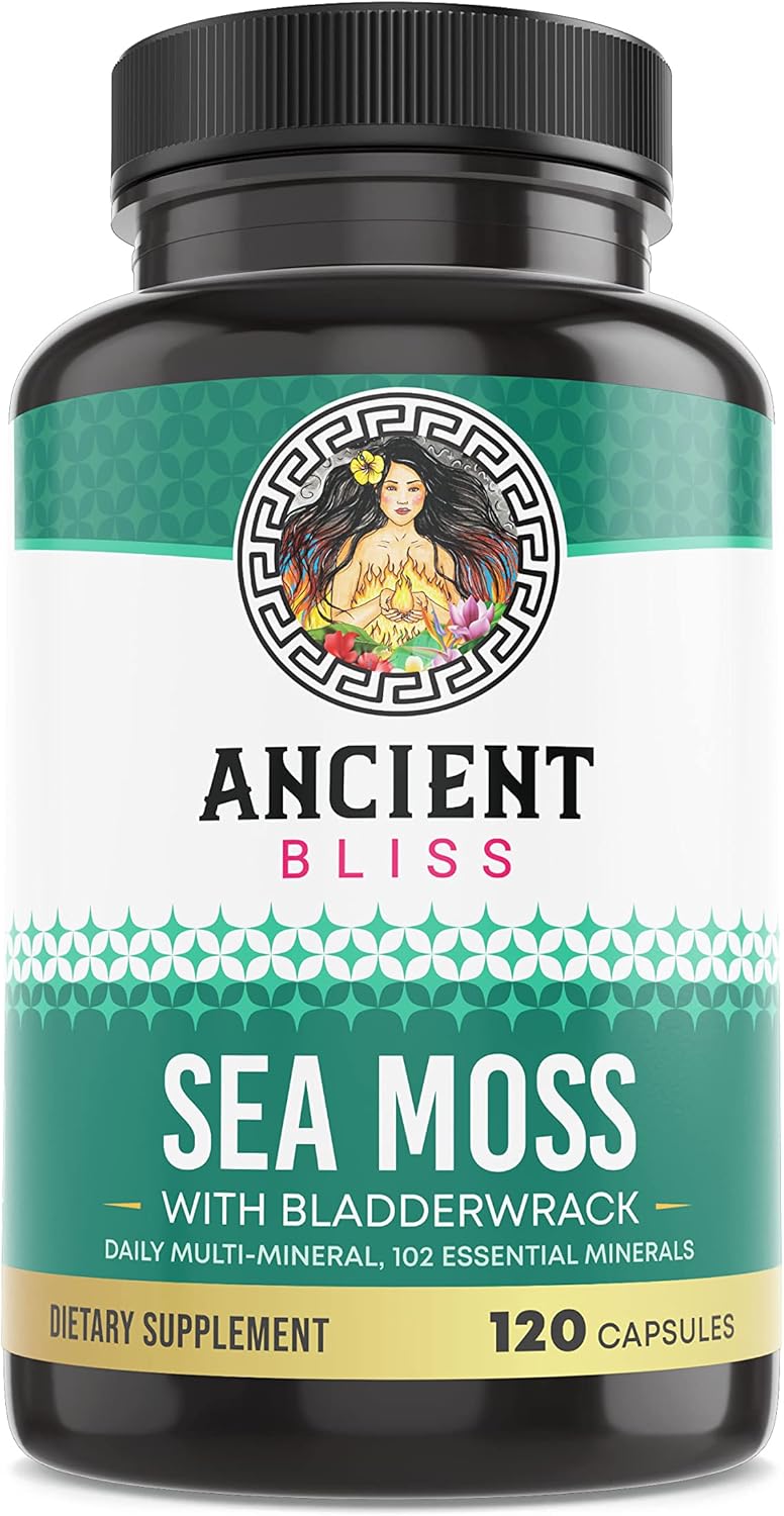 Ancient Bliss Organic Irish Sea Moss Pills - Dr Sebi Wildcrafted Seamoss Capsules | Thyroid, Healthy Skin & Gut Support | 120 Capsules