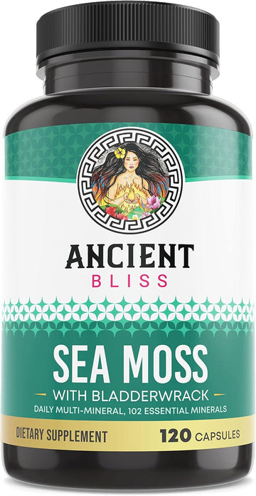 Ancient Bliss Organic Irish Sea Moss Pills - Dr Sebi Wildcrafted Seamoss Capsules | Thyroid, Healthy Skin & Gut Support | 120 Capsules