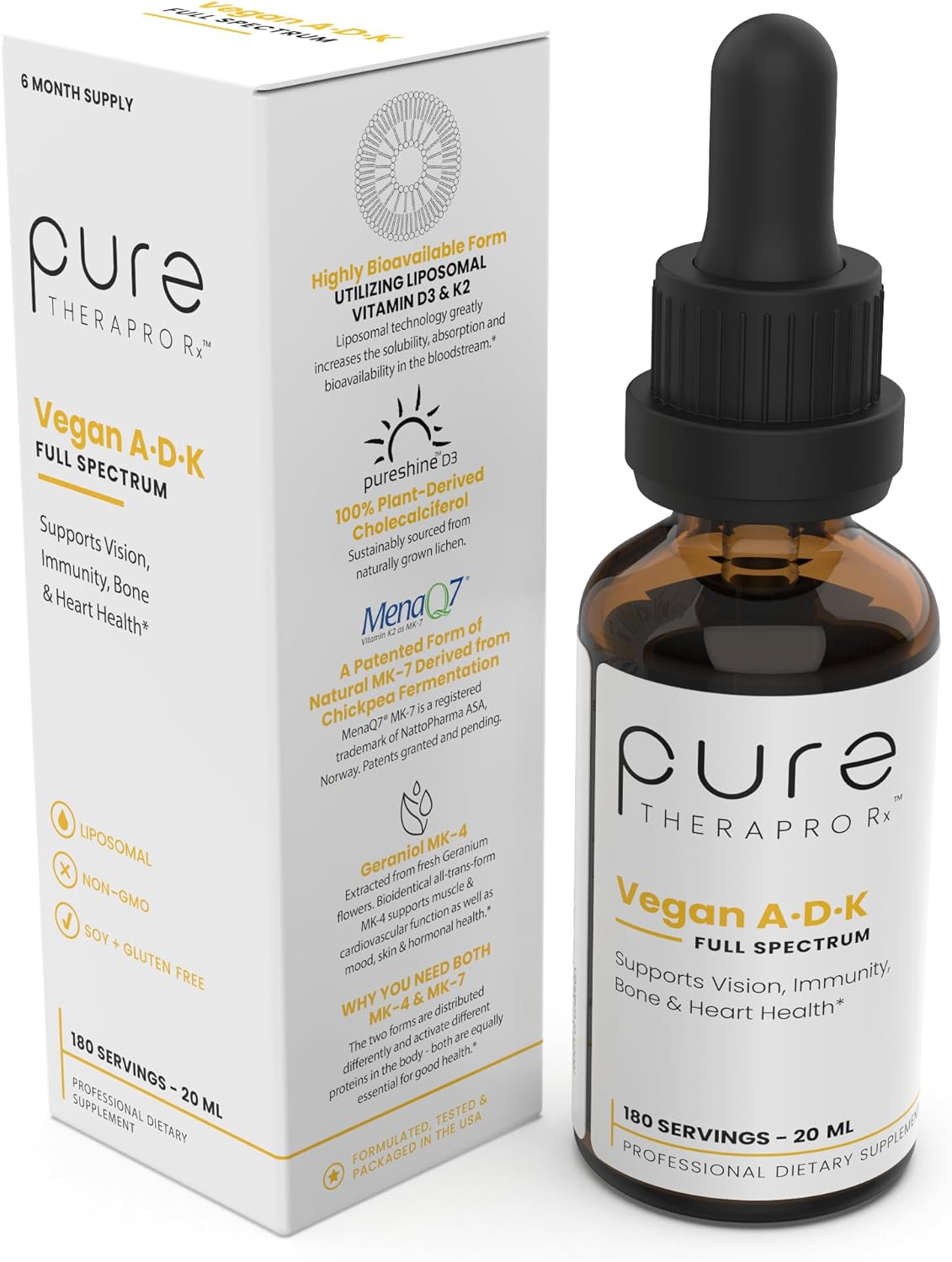 Pure Therapro Rx Vegan A-D-K Drops - 6 Month Supply - Vitamin A (Palmitate & Betacarotene), Liposomal Vitamin D3 (Pureshine), Liposomal Vitamin K2 (Mk-4 & Mk-7) Supports Immunity & Bone Health - 20 Ml