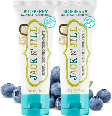 Jack N' Jill Natural Certified Toothpaste - Baby & Toddler Toothpaste, Fluoride-Free, 40% Xylitol, Sugar-Free, Safe For 6 Months And Up, Makes Tooth Brushing Fun, Organic Blueberry Flavour, 2 X 50G