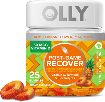 Olly Post-Game Recover Workout Gummy Rings, Vitamin D, Turmeric, Electrolytes, Pineapple Punch Flavor - 25 Count