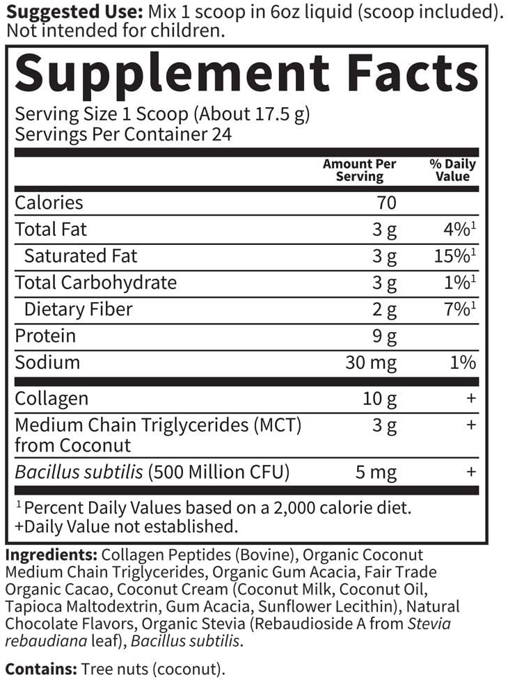 Garden of Life Grass Fed Collagen Coconut MCT Powder - Chocolate, 24 Servings, Collagen Peptides Powder for Energy Hair Skin Nails Joints, Coconut MCTs, Probiotics, Collagen Protein Powder Supplement : Health & Household
