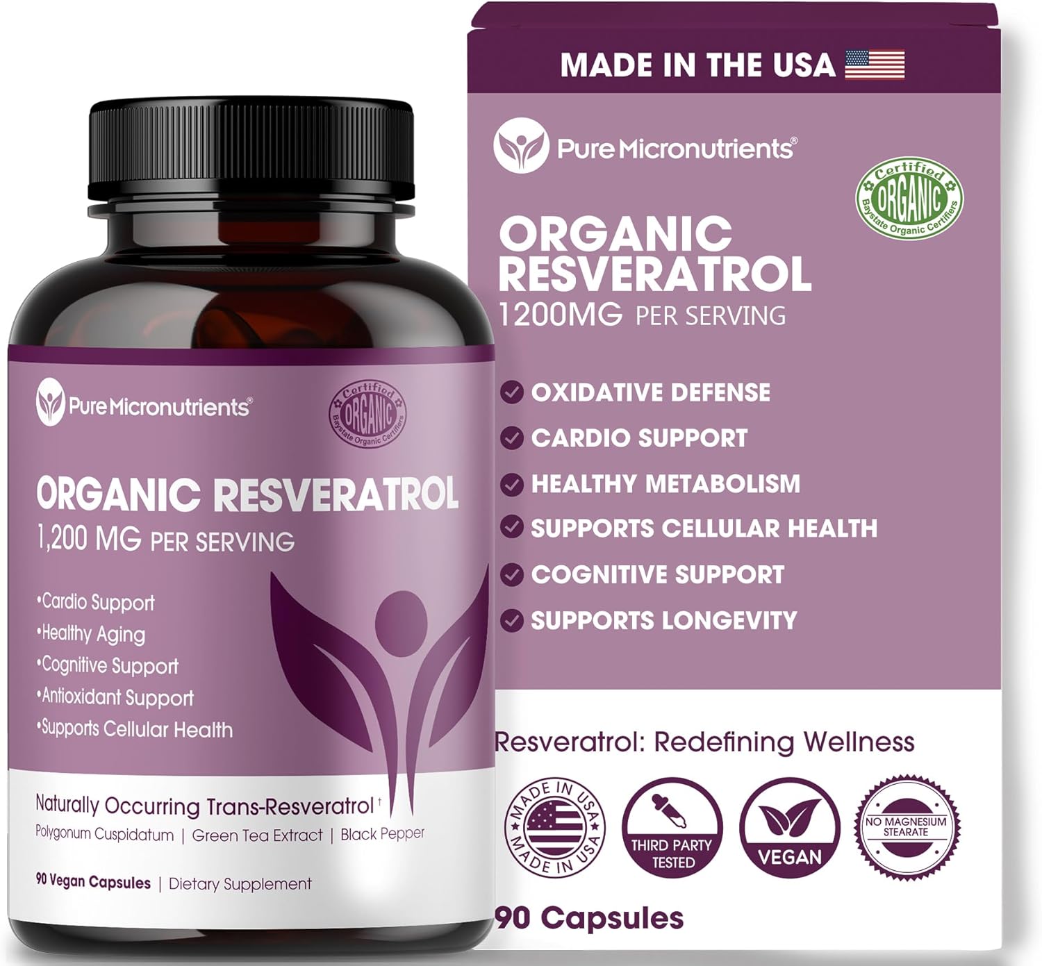 Organic Resveratrol Supplement – Trans-Resveratrol Capsules With Green Tea & Black Pepper – Highly Purified & Bioavailable - 90 Vegan Caps