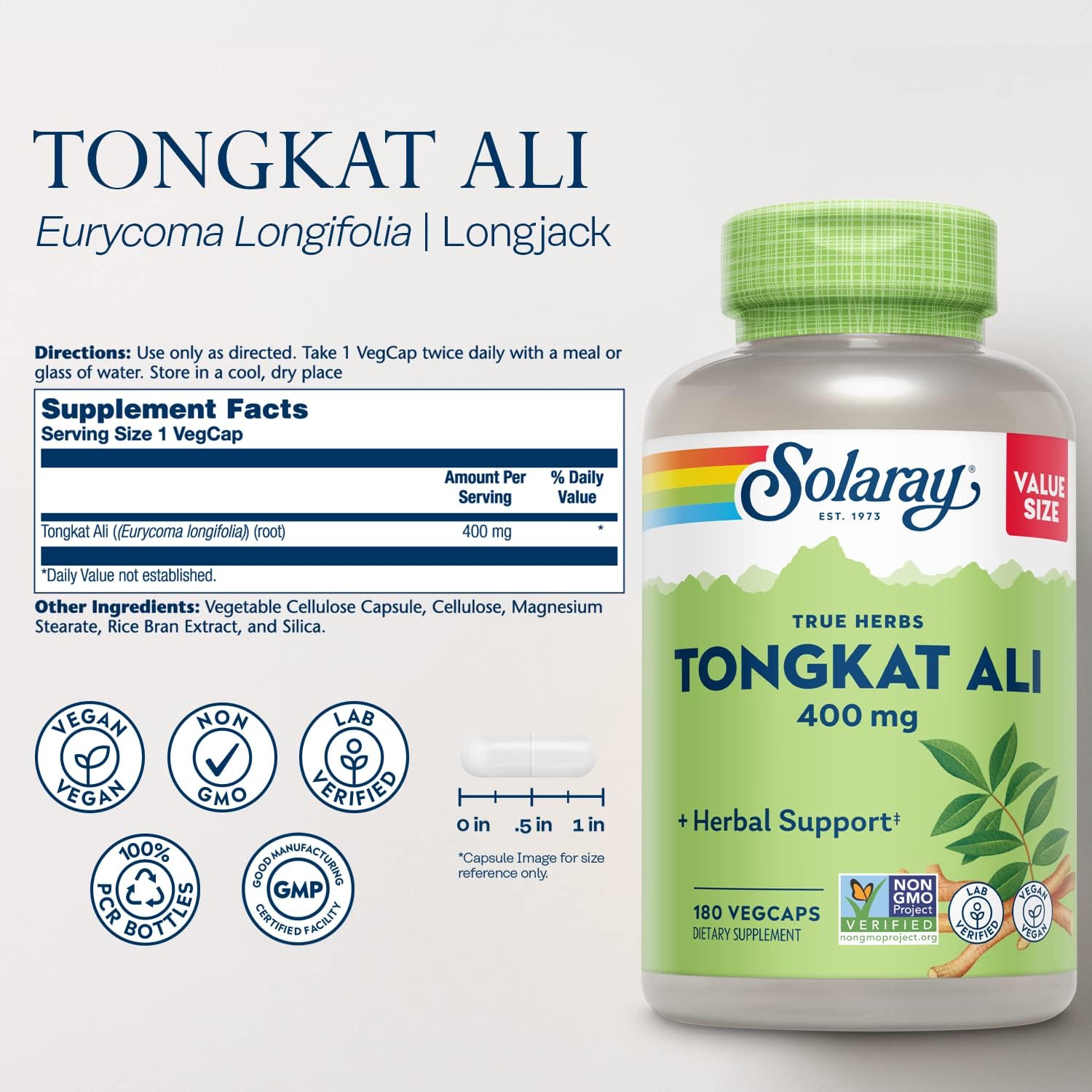 SOLARAY Tongkat Ali 400 mg, Longjack Tongkat Ali Supplement for Men, Increase Performance, Support Lean Muscle Growth, Natural Energy, Stamina & Recovery, 180 Capsules