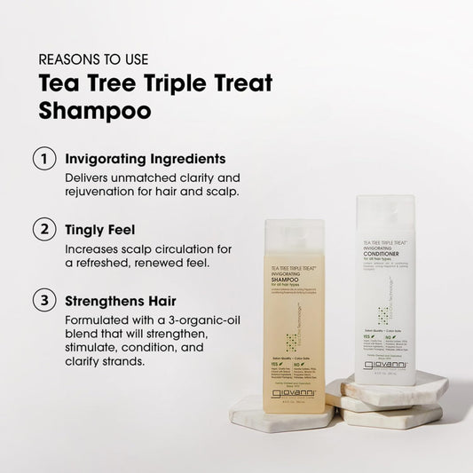 Giovanni Tea Tree Triple Treat Invigorating Shampoo - Cooling Peppermint, Eucalyptus & Rosemary, Helps Strengthen & Rejuvenate Hair & Scalp, Salon Quality, Paraben Free, Tea Tree Shampoo - 24 Oz