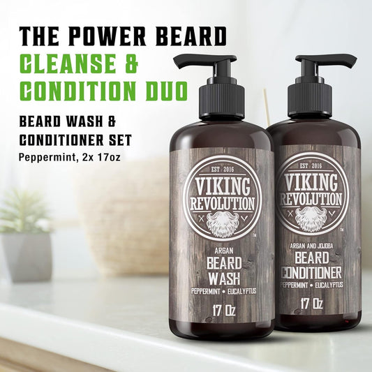 Viking Revolution Beard Wash & Conditioner Set W/Argan & Jojoba Oils – Softens, Smooths & Strengthens Beard Growth - Natural Peppermint And Eucalyptus Scent - Shampoo (17 Oz)