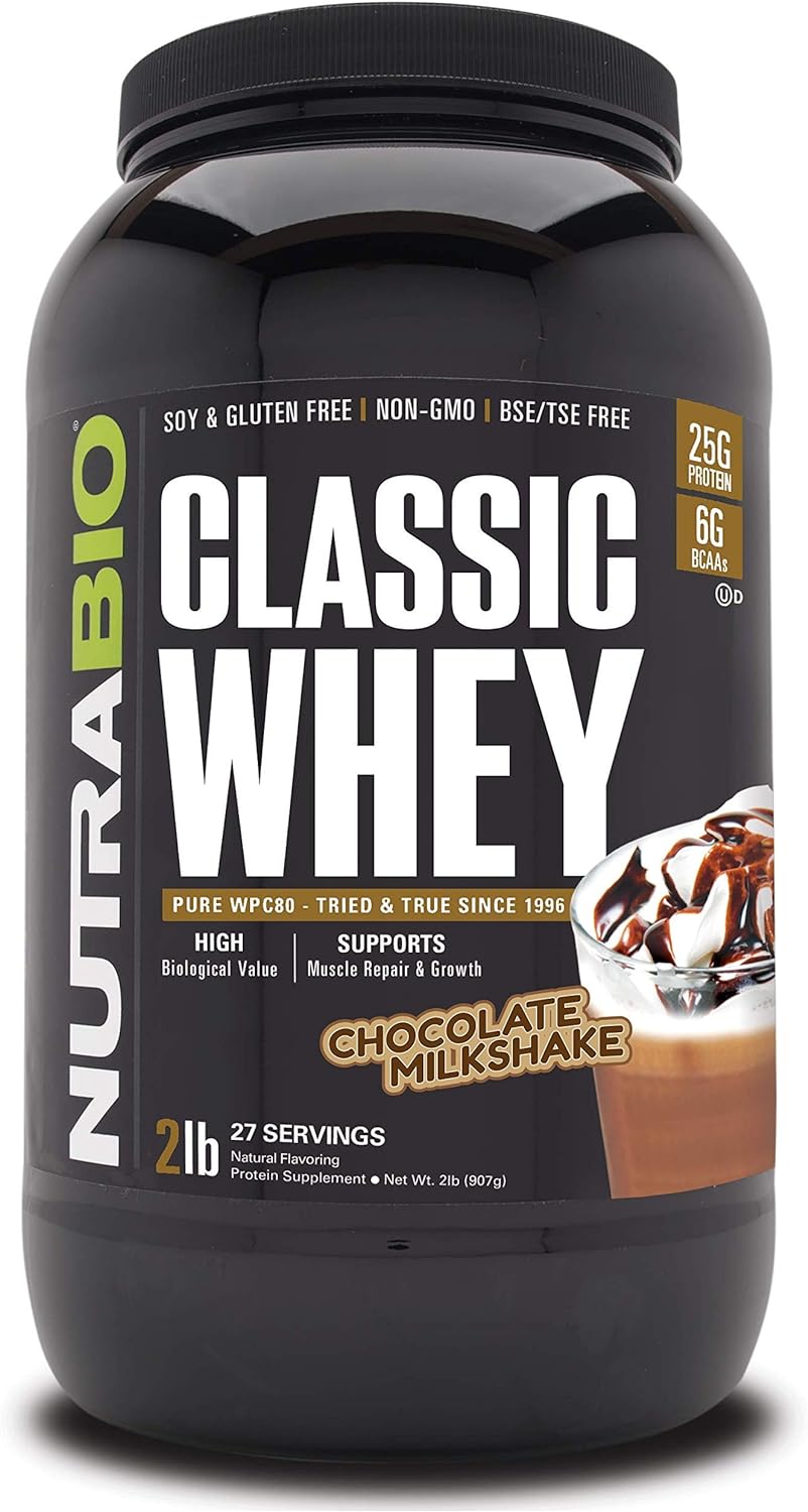 NutraBio Classic Whey Protein Powder- 25G of Protein Per Scoop - No Fillers, Artificial Colors, Preservatives - Chocolate Milkshake, 2 Pounds
