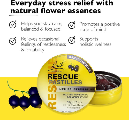 Rescue Bach Pastilles, Black Currant Flavor, Natural Stress Relief Lozenges, Homeopathic Flower Essence, Vegetarian, Gluten And Sugar-Free, 6-Pack