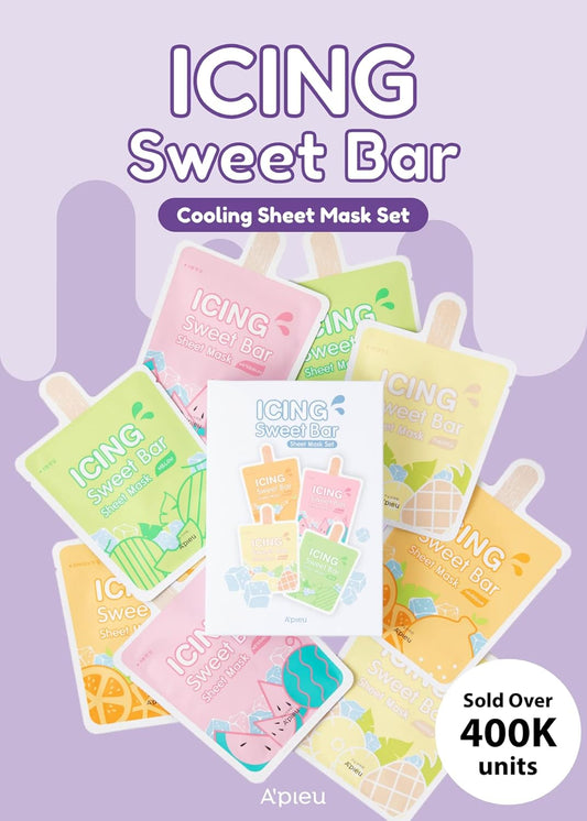 A’Pieu Icing Sweet Bar Mask Sheet (8 Sheets In 1 Pack) 4 Refreshing & Cooling Fruity Flavors, Fruit Essence That Hydrates And Nourishes, Alcohol-Free