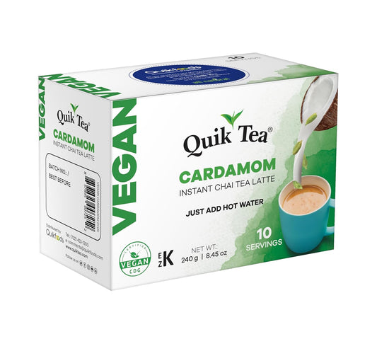 Quiktea Vegan Cardamom Instant Chai Tea Latte - 10 Count Single Box - Convenient, Easy Ayurvedic Dairy Free Alternative - All Natural Non Gmo Superfood