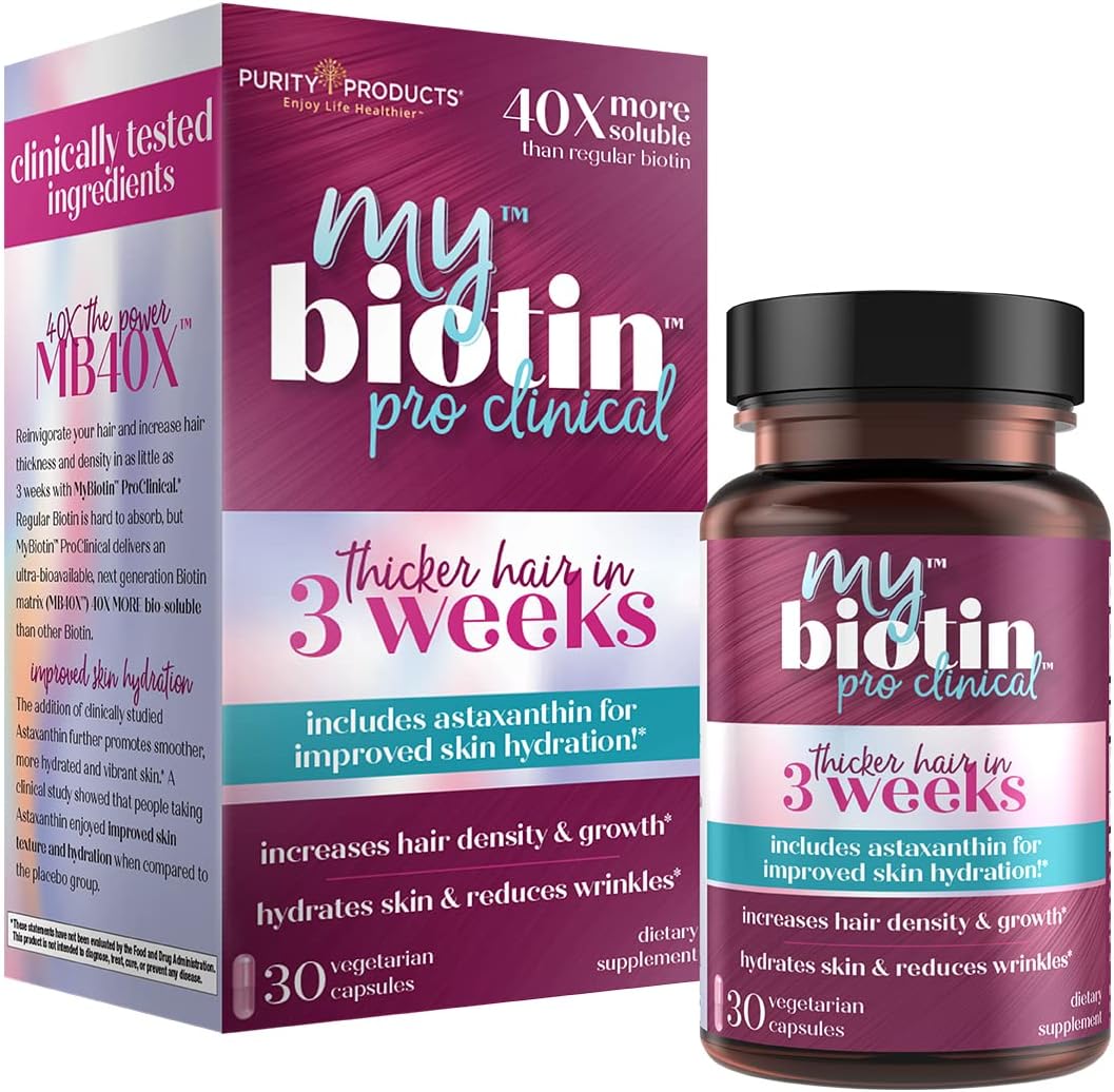 Purity Products MyBiotin ProClinical ? Thicker Hair in 3 Weeks & Fights Wrinkles - MB40X Patented Biotin Matrix w/Astaxanthin 40X More Soluble vs Ordinary Hair, Skin Nails 30 Veg Caps