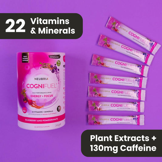 Neubria Cognifuel | 30 Hydration Sachets, Gym & Workout Energy Drink With Electrolytes, Caffeine, L-Theanine, Choline, L-Tyrosine & Vitamins, Improves Cognition, Focus, Blueberry & Pomegranate