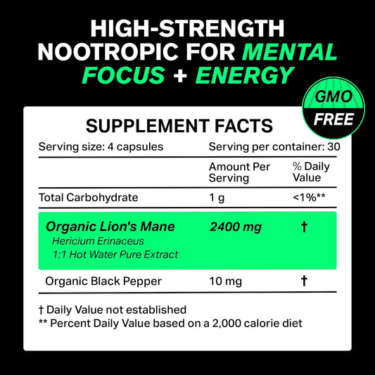 Organic Lions Mane Supplement Capsules 2400 mg - Powerful Nootropic - Helps Maintain Memory, Energy, and Mental Clarity - Vegan Brain Booster Focus Pills - Real Lion's Mane Supplement - Melena de Leon
